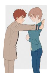 Rule 34 | 1boy, 1girl, absurdres, against wall, age difference, blush, breasts, brown hair, cowboy shot, crossed arms, dress, earrings, embarrassed, emiya shirou, fate/stay night, fate (series), fujimura taiga, gakuran, grin, hetero, highres, homurahara academy school uniform, invisible wall, jewelry, kabedon, looking at another, looking away, medium breasts, momoka (abc momoka0718), neck ribbon, orange hair, outside border, profile, ribbon, school uniform, shirt, short hair, simple background, smile, striped clothes, striped shirt, sweatdrop, two-tone background