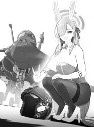 Rule 34 | 1girl, aircraft, airplane, asuna (blue archive), asuna (bunny) (blue archive), blue archive, breasts, dassault rafale, dutch angle, fighter jet, gloves, hair over one eye, helmet, high heels, highres, jet, large breasts, leotard, long hair, looking at viewer, military vehicle, mobius (suicideloli), monochrome, pilot helmet, playboy bunny, smile, solo, squatting