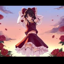Rule 34 | 1girl, armpits, arms behind head, arms up, ascot, bad id, bad twitter id, black hair, bow, cloud, cowboy shot, detached sleeves, flower, hair bow, hair tubes, hakurei reimu, letterboxed, long sleeves, looking at viewer, midriff, navel, petals, red eyes, red flower, red rose, ribbon-trimmed sleeves, ribbon trim, rose, shirt, skirt, skirt set, sky, smile, solo, sunset, takemori shintarou, thighhighs, touhou, upskirt, white thighhighs, wide sleeves