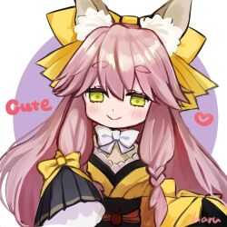 Rule 34 | 1girl, animal ear fluff, animal ears, blush, bow, fate/samurai remnant, fate (series), fox ears, green eyes, heart, highres, japanese clothes, kimono, long hair, matsui haru, pink hair, short eyebrows, sketch, sleeves past fingers, sleeves past wrists, smile, solo, tamamo (fate), tamamo aria (fate), upper body, white bow, wide sleeves, yellow kimono