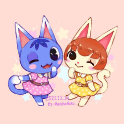 Rule 34 | 2girls, ;&gt;, ;d, animal crossing, artist name, belt, belt buckle, black eyes, blush, blush stickers, brown belt, brown hair, buckle, cat girl, closed mouth, collared dress, commentary, dated, dress, english commentary, felicity (animal crossing), furry, furry female, hand up, looking at viewer, matchaneko, multiple girls, nintendo, one eye closed, open mouth, pink background, pink dress, polka dot, polka dot dress, rosie (animal crossing), short sleeves, simple background, smile, star (symbol), yellow dress