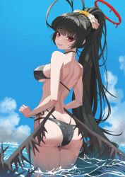 Rule 34 | 1girl, absurdres, antenna hair, ass, bags under eyes, bikini, black bikini, black hair, black wings, blue archive, blush, breasts, butt crack, halo, highres, looking at viewer, looking back, medium breasts, outdoors, ponytail, red eyes, red halo, side-tie bikini bottom, smile, solo, string bikini, swimsuit, td (tandeom97), tsurugi (blue archive), tsurugi (swimsuit) (blue archive), wading, wings