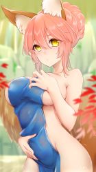 Rule 34 | alternate hairstyle, animal ear fluff, animal ears, autumn leaves, bad id, bad pixiv id, blush, breasts, commentary, commentary request, covering privates, eyebrows hidden by hair, fate/extra, fate/grand order, fate (series), fox ears, fox girl, fox tail, groin, hair between eyes, hand on own chest, highres, large breasts, leaf, looking at viewer, nature, nipples, nude, nude cover, outdoors, pink hair, solo, tail, tamamo (fate), tamamo no mae (fate/extra), uminosobadashi, water, wet, yellow eyes