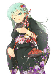 Rule 34 | 10s, 1girl, alternate costume, arrow (projectile), floral print, green eyes, green hair, hair ornament, japanese clothes, jewelry, kantai collection, kimono, long hair, looking at viewer, matching hair/eyes, obi, ooide chousuke, open mouth, ring, sash, simple background, solo, suzuya (kancolle), wedding band, white background