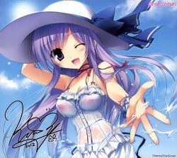 Rule 34 | 10s, 1girl, 2012, ;d, absurdres, artist name, blush, breasts, choker, cleavage, dated, dress, hand on headwear, hat, highres, karory, looking at viewer, one eye closed, open mouth, outstretched arm, purple eyes, purple hair, ribbon choker, see-through, signature, sleeveless, sleeveless dress, smile, solo, splashing, spread fingers, sun hat, sundress, upper body, water, wet, wet clothes, white dress, wink