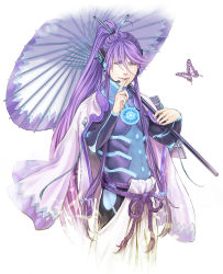 Rule 34 | 1boy, bug, butterfly, finger to mouth, green eyes, bug, japanese clothes, kamui gakupo, long hair, looking at viewer, male focus, nail polish, ohse, oil-paper umbrella, parasol, ponytail, purple hair, smile, solo, umbrella, vocaloid