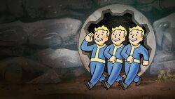 Rule 34 | 3boys, blonde hair, clenched hands, dirt, fallout (series), grin, highres, multiple boys, official art, one eye closed, salute, short hair, smile, stone wall, vault boy, vault suit, wall