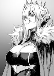 Rule 34 | 1girl, artoria pendragon (fate), artoria pendragon (lancer) (fate), braid, braided bun, breasts, cape, cleavage, crown, expressionless, fate/grand order, fate (series), french braid, fur-trimmed cape, fur trim, grey background, greyscale, hair between eyes, hair bun, highres, large breasts, monochrome, short hair, solo, takuan (takuanlunch), upper body