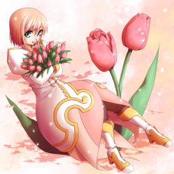 Rule 34 | 00s, 1girl, boots, dress, estellise sidos heurassein, flower, green eyes, izumo (pixiv362913), knee boots, pink background, pink dress, pink hair, pink theme, rose, short hair, solo, tales of (series), tales of vesperia, tulip