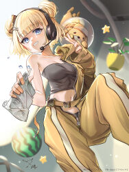 Rule 34 | 1girl, absurdres, black tube top, blonde hair, blue eyes, blush, breasts, bubba (watson amelia), dog, double bun, hair bun, hair ornament, highres, hololive, hololive english, looking at viewer, medium breasts, navel, official alternate costume, qiaogun damodao, short hair, smile, solo, spacesuit, strapless, teeth, tube top, virtual youtuber, watson amelia, watson amelia (astronaut)