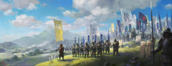 Rule 34 | 6+boys, armor, army, banner, blue sky, cloud, cloudy sky, commentary, day, highres, horse, horseback riding, japanese armor, katana, ling xiang, male focus, mountain, multiple boys, outdoors, people, real life, riding, scenery, sky, sword, uesugi kenshin, valley, weapon