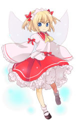 Rule 34 | 1girl, :3, blonde hair, bloomers, blue eyes, eastern and little nature deity, female focus, full body, machiko (beard), mary janes, ribbon, shoes, short hair, solo, sunny milk, touhou, underwear, white background, wings