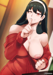 Rule 34 | ;), bare shoulders, black hair, blurry, blurry background, blush, breasts, cleavage, commentary, dress, earrings, english commentary, finger to mouth, hairband, highres, inverted nipples, jewelry, large areolae, large breasts, long hair, looking at viewer, naughty face, no bra, off-shoulder dress, off-shoulder sweater, off shoulder, one breast out, one eye closed, orphen (pink seito), red eyes, red sweater, shushing, smile, spy x family, straight hair, sweater, sweater dress, twitter username, white hairband, yor briar