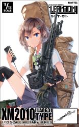 Rule 34 | 1girl, ammunition box, arm guards, artist name, text background, backpack, bag, blue eyes, blue skirt, bow, bowtie, brown gloves, brown hair, bulletproof vest, cellphone, closed mouth, commentary request, copyright name, dreadtie, dress shirt, earpiece, english text, gloves, green bow, green bowtie, gun, hair ornament, hairclip, highres, holding, holding gun, holding phone, holding weapon, knee pads, knee up, light frown, little armory, looking at viewer, m2010 enhanced sniper rifle, miniskirt, nirei koharu, official art, phone, pleated skirt, remington arms, rifle, school uniform, scope, shirt, short hair, short sleeves, single glove, sitting, skirt, smartphone, sniper rifle, solo, tomytec, weapon, white background, white shirt, wing collar, xm2010