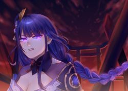 Rule 34 | 1girl, armor, braid, breasts, cleavage, commentary, ddmiiyaa, english commentary, flower, genshin impact, glowing, glowing eyes, hair ornament, highres, japanese clothes, kimono, large breasts, long hair, looking at viewer, mole, mole under eye, open mouth, purple eyes, purple flower, purple hair, raiden shogun, ribbon, sash, shoulder armor, solo, torii