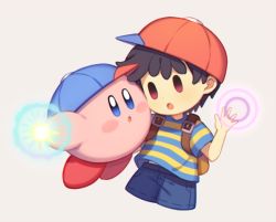 Rule 34 | 1boy, black hair, blue eyes, creature, hat, kirby, kirby (series), male focus, mother (game), mother 2, ness (mother 2), nintendo, oomoto makiko, open mouth, voice actor connection, super smash bros., white background, wusagi2