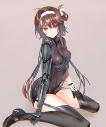 Rule 34 | 1girl, absurdres, black footwear, black gloves, black leotard, black thighhighs, blush, breasts, brown hair, covered navel, full body, garter straps, girls&#039; frontline, gloves, hair ribbon, hairband, hand on own thigh, hand on thigh, highres, kneeling, leotard, long hair, mechanical arms, open mouth, pottsness, red eyes, ribbon, serious, sidelocks, simple background, single mechanical arm, small breasts, solo, thighhighs, thighs, type 79 (girls&#039; frontline), white hairband, white ribbon