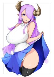 Rule 34 | 1girl, absurdres, bare shoulders, blue eyes, blue skirt, breasts, draph, granblue fantasy, hair between eyes, hair ornament, hair over one eye, hairclip, highres, horns, huge breasts, leotard, long hair, narmaya (granblue fantasy), narrow waist, plump, pointy ears, pulled by self, purple hair, sagging breasts, seino (sasakike1305), simple background, skirt, smile, solo, thick thighs, thighhighs, thighs, white background, white leotard, wide hips