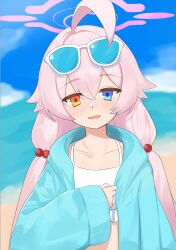 Rule 34 | 1girl, ^ ^, absurdres, ahoge, beach, bikini, blue archive, blue eyes, blue jacket, blue sky, blurry, blurry background, blush, breasts, closed eyes, collarbone, crossed bangs, eyewear on head, fang, frilled bikini top, genso (thereisnosauce), hair between eyes, hair flaps, hair ornament, halo, hand on own chest, heterochromia, highres, hoshino (blue archive), hoshino (swimsuit) (blue archive), huge ahoge, jacket, long sleeves, looking at viewer, low twintails, official alternate costume, official alternate hairstyle, open clothes, open jacket, open mouth, outdoors, pink hair, pink halo, puffy long sleeves, puffy sleeves, skin fang, sky, sleeves past wrists, small breasts, smile, solo, solo focus, swimsuit, twintails, upper body, white-framed eyewear, white bikini, yellow eyes
