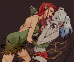 Rule 34 | 2girls, ali (annyin), bare shoulders, batman (series), black legwear, blonde hair, blue eyes, blue hair, breasts, cleavage, dc comics, detached collar, dress, gloves, green eyes, green gloves, halter dress, halterneck, hand on another&#039;s chin, harley quinn, holding hands, large breasts, lips, lipstick, makeup, midriff, multicolored hair, multiple girls, navel, pale skin, parted lips, pink hair, poison ivy, red hair, red lips, short shorts, shorts, thighhighs, twintails, wrist cuffs, yuri