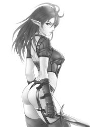 Rule 34 | 1girl, ass, back, dark elf (lineage 2), greyscale, kanzeon, lineage, lineage 2, long hair, monochrome, panties, pointy ears, solo, sword, thighhighs, underwear, weapon