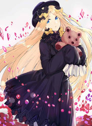 Rule 34 | 1girl, abigail williams (fate), black bow, black dress, black hat, blonde hair, blue eyes, blush, bow, bubble, bug, butterfly, closed mouth, commentary request, dress, echj, fate/grand order, fate (series), grey background, hair bow, hands in opposite sleeves, hat, head tilt, holding, holding stuffed toy, insect, long hair, long sleeves, looking at viewer, orange bow, parted bangs, polka dot, polka dot bow, solo, stuffed animal, stuffed toy, teddy bear, very long hair