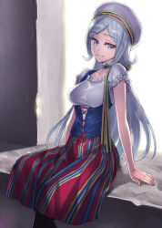 Rule 34 | 10s, 1girl, aila jyrkiainen, black legwear, breasts, finnish clothes, gloves, gundam, gundam build fighters, hat, long hair, looking at viewer, matsuryuu, silver hair, sitting, smile, solo, traditional clothes