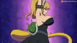 Rule 34 | 1girl, animated, animated gif, armlet, bare shoulders, black dress, blonde hair, blue eyes, bowsette, bracelet, breasts, cleavage, closed eyes, collar, dress, evil smile, hinca-p, horns, huge breasts, jewelry, large breasts, mario (series), monster girl, nintendo, nipples, pointy ears, princess, sharp teeth, smile, spiked armlet, spiked bracelet, spiked collar, spiked shell, spiked tail, spikes, spinning, tagme, tail, teeth, yellow tail