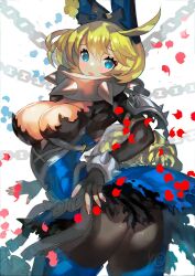 Rule 34 | 1girl, ahoge, alternate color, animal ears, black gloves, blonde hair, blue dress, blue eyes, blue thighhighs, blush, breasts, chain, cleavage, cleavage cutout, clothing cutout, clover, collar, commission, dress, elphelt valentine, fake animal ears, falling petals, fingerless gloves, fingernails, flower, four-leaf clover, gloves, guilty gear, guilty gear xrd, hair between eyes, highres, huge ahoge, large breasts, lips, nail polish, petals, pink nails, rabbit ears, ringed eyes, rose, signature, simple background, skeb commission, solo, spiked collar, spikes, thighhighs, wedding dress, white background, yellow flower, yellow rose, yohane shimizu