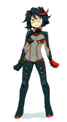 Rule 34 | 1girl, adapted costume, alternate costume, arms at sides, black hair, blush, bodysuit, bracer, clenched hands, cosplay, covered navel, creator connection, crossover, embarrassed, flipped hair, full body, gloves, green eyes, groin, hair ornament, kill la kill, looking away, matoi ryuuko, multicolored hair, neon genesis evangelion, nose blush, oimo (14sainobba), pilot suit, plugsuit, rebuild of evangelion, red hair, see-through, senketsu, shadow, short hair, simple background, solo, standing, streaked hair, sweatdrop, test plugsuit, turtleneck, two-tone hair, white background, wrists extended