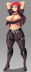 Rule 34 | 1girl, abs, absurdres, arms behind head, belt, belt buckle, blush, boots, breasts, buckle, green eyes, grey background, highres, katarina (league of legends), knee boots, kunai, large breasts, league of legends, long hair, navel, pant, red hair, scar, scar across eye, scar on face, simple background, solo, tattoo, toothbrushking, vest, weapon