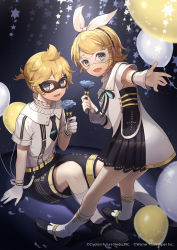 Rule 34 | 1boy, 1girl, ashika (yftcc948), balloon, blonde hair, blue eyes, blue flower, blue rose, brother and sister, commentary, flower, gloves, hair ornament, hairclip, highres, kagamine len, kagamine rin, looking at viewer, mask, miku symphony (vocaloid), official art, rose, short hair, siblings, smile, twins, vocaloid