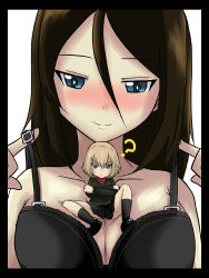 Rule 34 | 10s, 2girls, :/, ?, blonde hair, blue eyes, blush, border, breasts, brown hair, cleavage, crossed arms, girls und panzer, katyusha (girls und panzer), kneehighs, large breasts, light smile, long hair, looking at viewer, multiple girls, nonna (girls und panzer), preesoul, short hair, sitting, size difference, socks, spoken question mark, strap pull, uniform