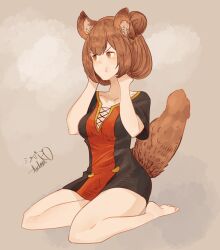 1girl :t animal_ear_fluff animal_ears artist_name barefoot blush bob_cut breasts brown_hair closed_mouth collarbone cross-laced_clothes cross-laced_dress dress feet female_focus grey_background hair_bun hands_up highres legs looking_to_the_side medium_breasts pout raccoon_ears raccoon_girl raccoon_tail raphtalia short_dress short_hair short_sleeves sidelocks signature simple_background sitting solo spindle_(aidenr0) tail tail_raised tate_no_yuusha_no_nariagari thighs two-tone_dress v-shaped_eyebrows yokozuwari