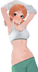 Rule 34 | 1girl, absurdres, armpits, arms up, blush, breasts, cleavage, clothes pull, green pants, groin, highres, idolmaster, idolmaster cinderella girls, komatsu ibuki, looking at viewer, medium breasts, navel, onao, orange hair, pants, pants pull, parted bangs, simple background, solo, sports bra, sweatdrop, twintails, undressing, white background