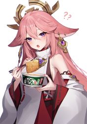 Rule 34 | 1girl, ?, ??, animal ears, ankkoyom, bare shoulders, blush, chopsticks, cup ramen, detached sleeves, donbee (food), donbei kitsune udon, earrings, fox ears, genshin impact, hair between eyes, hair ornament, highres, instant udon, jewelry, long hair, nail polish, nissin donbei, open mouth, pink hair, pink nails, purple eyes, simple background, solo, white background, yae miko