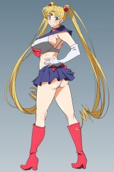 Rule 34 | 1990s (style), 1girl, ass, bishoujo senshi sailor moon, blonde hair, blush, boots, breasts, covered erect nipples, kunifuto, large breasts, long twintails, sailor moon, smile, tsukino usagi, twintails
