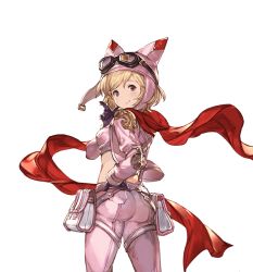 Rule 34 | 10s, 1girl, animal hat, ass, blonde hair, djeeta (granblue fantasy), finger gun, from behind, gloves, goggles, goggles on head, granblue fantasy, hand on own hip, hat, jacket, looking at viewer, minaba hideo, official art, open clothes, open jacket, racing suit, red scarf, scarf, short hair, smile, solo, transparent background