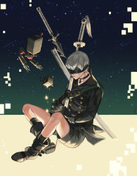 Rule 34 | 1boy, absurdres, android, black choker, black footwear, black gloves, black jacket, black shorts, blindfold, choker, covered eyes, cube, double-breasted, ebiss06081, gloves, highres, holding, holding sword, holding weapon, jacket, nier (series), nier:automata, open mouth, pod (nier:automata), shorts, sitting, sword, weapon, white hair, 9s (nier:automata)