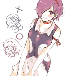 Rule 34 | 1girl, bad id, bad pixiv id, bare arms, bare shoulders, blush, breasts, choker, collarbone, copyright request, dress, grey background, grey dress, hairband, heart, highres, kirishima touka, large breasts, looking at viewer, purple dress, purple eyes, purple hair, red choker, red hairband, short hair, simple background, sketch, smile, solo, tokyo ghoul, tokyo ghoul:re, toukaairab, two-tone dress