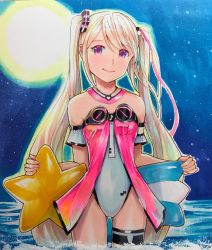 Rule 34 | 1girl, alternate eye color, alternate hair color, bare shoulders, commentary, cowboy shot, detached collar, detached sleeves, full moon, hatsune miku, highres, holding, holding toy, inflatable toy, long hair, mayo riyo, moon, night, night sky, ocean, one-piece swimsuit, pink eyes, platinum blonde hair, shooting star, short sleeves, sky, smile, solo, star (sky), star (symbol), strapless, strapless one-piece swimsuit, swimsuit, toy, twintails, very long hair, vocaloid, wading