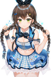 Rule 34 | 10s, 1girl, absurdres, arm garter, bang dream!, bare shoulders, black bow, black bowtie, blue bow, blue nails, blue shirt, blue skirt, blue vest, blush, bow, bowtie, braid, breasts, brown hair, cleavage, closed mouth, collarbone, cowboy shot, crop top, cropped vest, detached collar, facial mark, frilled shirt, frilled skirt, frills, green eyes, groin, hair bow, hair ornament, hairband, hanazono tae, hands up, highres, holding, holding hair, layered skirt, leaning forward, long hair, looking at viewer, medium breasts, midriff, miniskirt, multicolored nails, nail polish, navel, plaid, plaid skirt, polka dot, polka dot bow, shirt, sidelocks, simple background, skirt, sleeveless, sleeveless shirt, smile, solo, standing, star (symbol), star hair ornament, striped, tokkyu, twin braids, twintails, very long hair, vest, white background, white nails, wing collar, wristband