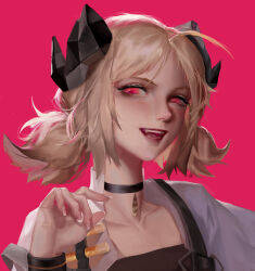 1girl :d absurdres arknights black_choker blonde_hair choker demon_horns fangs hand_up highres horns ifrit_(arknights) jacket looking_at_viewer open_mouth pink_background pink_eyes shirt short_hair simple_background sinnbunn smile solo twintails