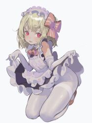 Rule 34 | 1girl, absurdres, apron, ascot, blonde hair, bow, brown footwear, clothes lift, dress, fang, frilled apron, frilled dress, frills, hair bow, hair ribbon, headdress, highres, legs, lifted by self, looking at viewer, maid, maid apron, maid headdress, medium hair, orange ascot, pantyhose, red eyes, ribbon, rumia, simple background, skin fang, skirt, skirt lift, solo, thighs, touhou, white apron, xinjinjumin