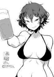 Rule 34 | 1girl, alcohol, bare shoulders, beer, beer mug, bikini, bikini top only, breasts, cup, greyscale, ken (koala), large breasts, looking at viewer, md5 mismatch, mole, mole under mouth, monochrome, mug, original, short hair, simple background, smile, solo, swimsuit, white background