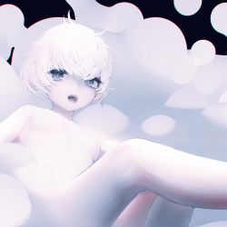Rule 34 | 1girl, :o, black eyes, blush, breasts, darandy, fangs, hair between eyes, highres, no nipples, nude, open mouth, original, pale skin, short hair, simple background, small breasts, solo, two-tone background, white hair
