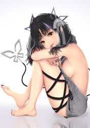 Rule 34 | 1girl, barefoot, black hair, black ribbon, blush, bow, breasts, commentary request, dc24v, demon girl, demon horns, demon tail, full body, grey sweater, hair bow, horns, hugging own legs, jewelry, kojo anna, kojo anna (3rd costume), lace bow, leg ribbon, long hair, looking at viewer, medium breasts, meme attire, multicolored hair, nail polish, nanashi inc., no bra, official alternate costume, open mouth, pointy ears, purple hair, ribbon, ring, sideboob, solo, sugar lyric, sweater, tail, thighs, toenail polish, toenails, tongue, tongue out, two-tone hair, virgin killer sweater, virtual youtuber, white bow, yellow eyes
