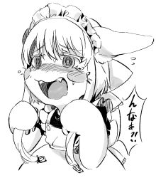 Rule 34 | 1girl, :3, @ @, animal ears, apron, blush, ears through headwear, flying sweatdrops, furry, furry female, greyscale, hat, highres, horns, long hair, made in abyss, maid, maid apron, maid headdress, monochrome, nanachi (made in abyss), open mouth, puffy short sleeves, puffy sleeves, short sleeves, simple background, solo, speech bubble, sweat, tuxedo de cat, upper body, whiskers, white background