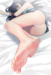 Rule 34 | 1girl, animal ears, arka91, ass, barefoot, bed sheet, black hair, blurry, commentary request, depth of field, feet, foot focus, foreshortening, green eyes, highres, korean commentary, long hair, lying, panties, princess connect!, shiori (princess connect!), soles, solo, toes, underwear, white panties