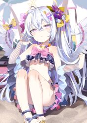 Rule 34 | 1girl, absurdres, ahoge, angel wings, azusa (blue archive), azusa (swimsuit) (blue archive), bead necklace, beads, bikini, blue archive, commentary, flat chest, flower, frilled bikini, frills, hair between eyes, hair flower, hair ornament, halo, highres, jewelry, long hair, looking at viewer, low wings, necklace, official alternate costume, pink eyes, purple eyes, ribbon, rotroto, sandals, solo, strapless, strapless bikini, swimsuit, white hair, white wings, wings
